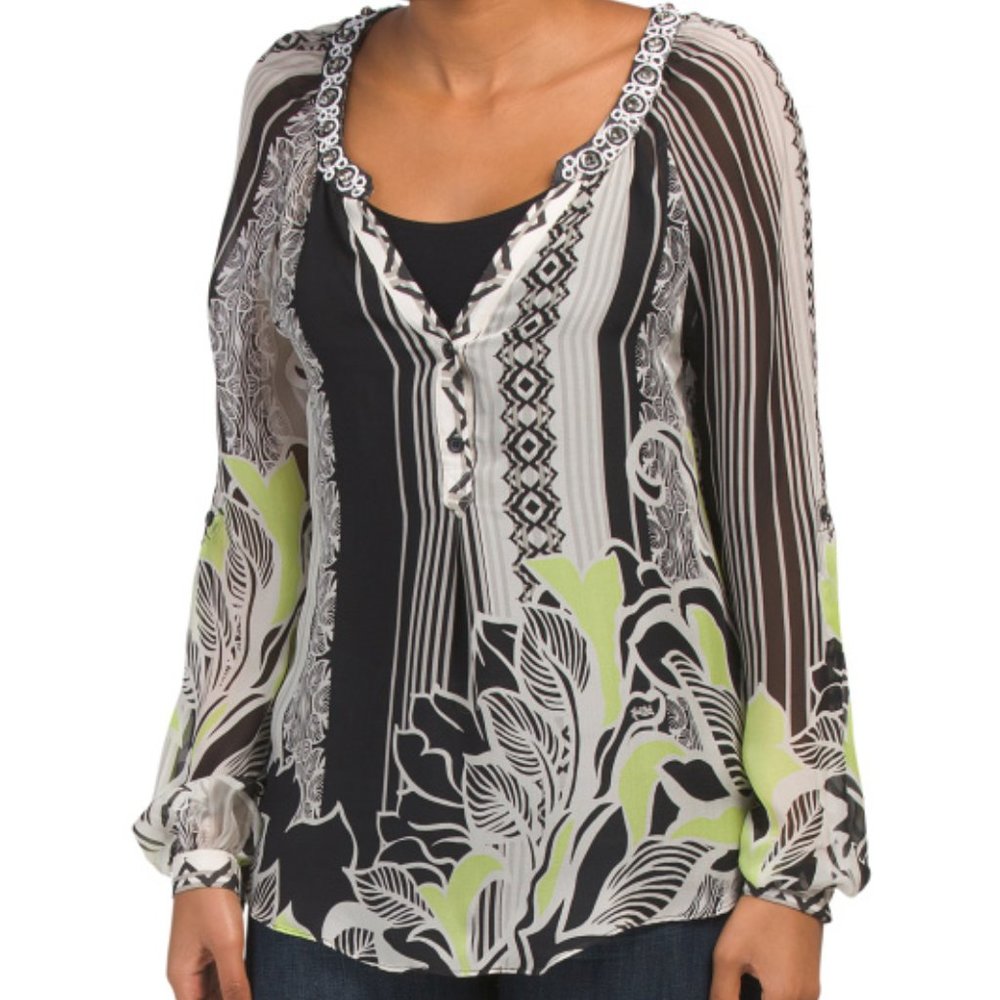 Hale Bob (Anthropologie) NWT Long Sleeve Printed Chiffon Silk Top, Size Small